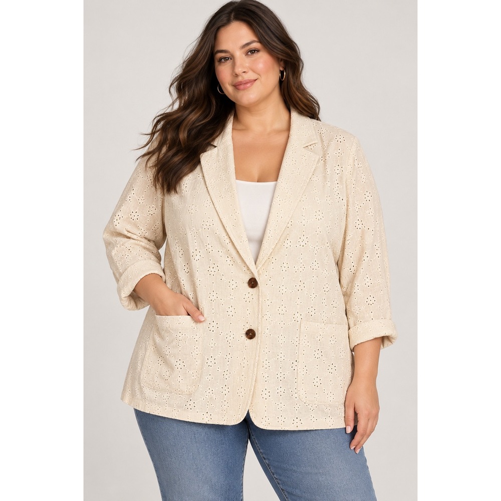 J.Jill Easy Eyelet Blazer Womens 2X Oatmeal Linen Blend Lightweight
